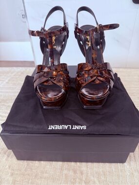 Yves Saint Laurent (YSL) Tortoiseshell Patent Platform Sandals - Brown